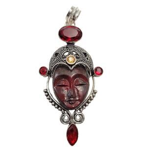 Sterling Silver Bali Goddess Pendant Necklace with Garnet Stones, Red